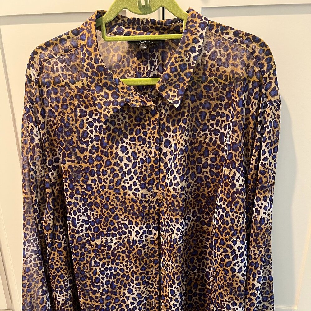 Ulla Popken Blouse, bold, semi sheer fabric, blue and gold tones, size 24